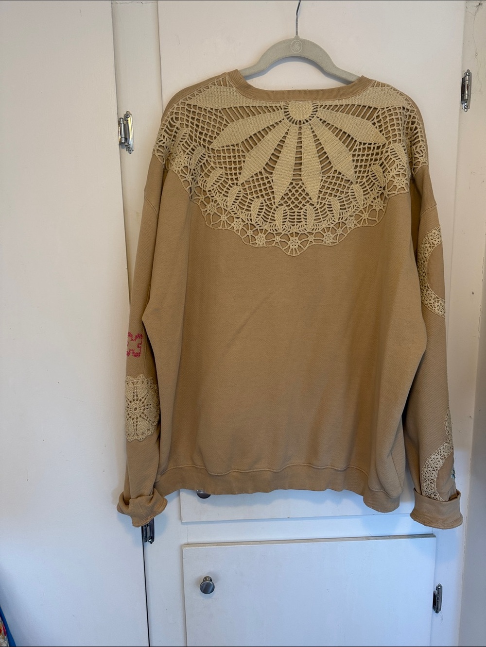 Free People Beige Embroidered Crochet Accent Crewneck Sweater - Picture 2 of 6